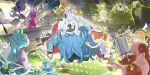  1girl absurdres backpack bag book brown_hair cd chef_dente closed_eyes closed_mouth commentary cooking_pot dedenne ditto dj_rotom dragonite dress female_protagonist_(pokemon_pokopia) flower glowing grass graveler greedent hammer hand_up hat highres holding holding_hammer holding_ladle ladle lapras magnemite mosslax mygiorni peakychu pichu pikachu piplup plant poke_ball poke_ball_(basic) pokemon pokemon_(creature) pokemon_pokopia professor_tangrowth purple_dress rotom shoes sitting slowpoke smile snorlax standing stereo_rotom table tangrowth tinkaton tinkmaster toxel transformed_ditto vines water white_flower yellow_bag 
