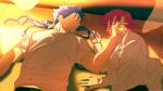  1boy 1girl bazett_fraga_mcremitz blue_hair commentary_request cowlick cu_chulainn_(fate) cu_chulainn_(lancer)_(fate) dusk earrings fate/hollow_ataraxia fate_(series) godengrapper hair_tubes hetero highres jewelry korean_commentary long_hair long_sleeves looking_at_another lying on_back on_side parted_lips pink_hair shirt short_hair short_sleeves upper_body white_shirt 