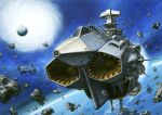  andromeda_(uchuu_senkan_yamato) asteroid commentary_request highres no_humans planet science_fiction signature space spacecraft spacecraft_turret star_(sky) uchuu_senkan_yamato vehicle_focus wave_motion_gun youkoumori 