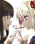  2girls black_hair blush commentary dress food food_in_mouth hair_ribbon hand_on_another's_hand heart highres imminent_pocky_kiss inoue_takina long_hair looking_at_another lycoris_recoil mouth_hold multiple_girls nishikigi_chisato open_mouth pocky pocky_in_mouth purple_eyes red_dress red_eyes red_ribbon ribbon sengoku_chidori short_hair simple_background teeth untranslatable_commentary upper_teeth_only white_background yuri 