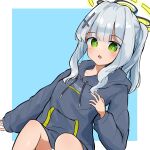  1girl absurdres black_halo blue_archive blue_background blue_hoodie commentary_request green_eyes green_halo grey_hair hair_ornament hairpin halo hare_(blue_archive) highres hood hoodie kaiko_(ota_umitsuki) long_hair looking_at_viewer multicolored_halo ponytail thighs two-tone_background two-tone_halo white_background 
