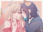  2girls animal_ears black_choker blonde_hair blue_hair blue_hoodie blue_kimono blue_nails border brown_hair cho_kaguya-hime! choker clothing_cutout colored_inner_hair commentary fox_ears highres hood hoodie japanese_clothes kaguya_(cho_kaguya-hime!) kimono kousaka_0v0 long_hair multicolored_hair multiple_girls nail_polish open_mouth outline outside_border rabbit_ears rabbit_girl red_eyes red_kimono red_nails sakayori_iroha shoulder_cutout sidelocks untranslatable_commentary white_border white_outline yuri 