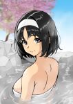  1girl bathing black_hair blush breasts bukitchii_(hrxf8557) closed_mouth commentary_request day erika_(pokemon) eyelashes grey_eyes hairband looking_to_the_side naked_towel onsen outdoors petals pokemon short_hair shoulder_blades sky smile solo towel tree upper_body water white_hairband 