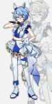  1girl alternate_costume animal_ears asymmetrical_shirt belt blue_belt blue_eyes blue_hair blue_shirt blue_skirt blush boots bow breasts closed_mouth commentary_request crop_top ear_covers garter_straps gloves hair_between_eyes hair_ornament hand_on_own_hip highres holding holding_microphone horse_ears horse_girl horse_tail k.s.miracle_(umamusume) looking_at_viewer microphone midriff saramiao-chan shirt short_hair simple_background single_ear_cover skirt small_breasts smile tail thighhighs umamusume waist_bow white_boots white_gloves white_thighhighs x_hair_ornament zoom_layer 