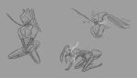 all_fours ambiguous_gender antennae_(anatomy) anthro arthropod bdsm bondage bound cogheartflutters hands_tied hi_res hollow_knight:_silksong hollow_knight_(franchise) kneeling leash leash_pull machine masturbation monochrome narrowed_eyes robot second_sentinel segmented_body sketch sketch_page solo team_cherry wire_play