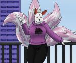 2026 4_tails 5_fingers 6:5 absurd_res adobe_photoshop_(artwork) anthro artist_logo bent_arm big_breasts black_bottomwear black_clothing black_markings black_nose black_pants blue_sky bottomwear breasts building canid canine clear_sky closed_smile clothed clothed_anthro clothed_female clothing colored colored_nails curvy_figure day devil_horns_(gesture) digital_drawing_(artwork) digital_media_(artwork) english_description eyes_closed facial_markings female female_anthro fingernails fingers fox_spirit fully_clothed fully_clothed_anthro fully_clothed_female fur gesture hand_gesture head_markings hi_res hood_down hoodie kemuri_(game) kitsune_(kemuri) light lighting logo mammal markings mouth_closed multi_tail multicolored_body multicolored_fur multicolored_tail nails no_eyebrows outside pants pink_tail portrait purple_clothing purple_hoodie purple_topwear railing red_fingernails red_inner_ear red_markings red_nails shaded sky skyscraper skywater smile smiling_at_viewer solo spirit standing tail text text_on_clothing text_on_hoodie text_on_topwear thick_thighs three-quarter_portrait topwear white_body white_fur white_tail window