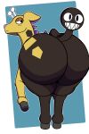 2:3 absurd_res ambiguous_gender big_butt black_body black_eyes black_fur black_hooves blue_background blush border butt feral frown fur generation_2_pokemon girafarig giraffid grin hair hi_res hooves horn huge_butt huge_thighs mammal nintendo nude pink_nose pokemon pokemon_(species) purple_hair purple_inner_ear rear_view sharp_teeth simple_background smile solo stellardust tail tail_mouth teeth thick_thighs unusual_anatomy unusual_tail white_border white_horn yellow_body yellow_fur