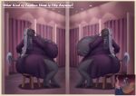 absurd_res ahmoua_(blarf) anthro areola barely_contained belly big_breasts big_butt black_hair blarf blotchy_areola blush bovid bovine braided_hair breasts bursting_out_of_clothing butt cattle cleavage clothed clothing comic daughter_(lore) dress dressing dressing_up elderly english_text fashion fashion_show female freckled_face freckled_hips freckles furniture grey_body hair hi_res hooves horn huge_breasts human hyper hyper_breasts lakota_(blarf) liver_spots looking_down male mall mammal mirror mirror_reflection mother_(lore) mother_and_child_(lore) mother_and_daughter_(lore) motion_lines navel nipples one_eye_closed overweight parent_(lore) parent_and_child_(lore) parent_and_daughter_(lore) pose posing_for_picture raised_head reflection shopping sitting stool tagme tear_trough text thick_thighs tight_clothing tuft vein veiny_breasts wardrobe_malfunction white_hair wide_hips