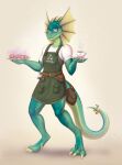 absurd_res accessory agamid anthro apron bag baked_goods bell bell_on_tail beverage clothed clothing coffee coffee_mug cookie enchanted_item eyewear food frill_(anatomy) frilled_lizard furgonomics glasses green_body green_scales head_crest head_frill heterochromia hi_res lizard logo long_tail magic magic_user male plate reptile scales scalie shirt solo soren_(golddrake) tail tail_accessory tail_bag topwear yumiix