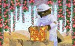2023 absurd_res anthro arthropod bee bee_suit beehive beehive_frame beekeeper black_claws black_nose claws clothed clothing crownedvictory detailed_background digital_drawing_(artwork) digital_media_(artwork) eyes_closed feral flower food fully_clothed fur grey_body grey_fur grey_hair hair hi_res honey_(food) honey_bee honeycomb hymenopteran insect male mammal mephitid pawpads pink_inner_ear pink_pawpads plant shaded short_hair skunk solo striped_skunk tail wix_(skunkwix)