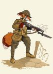 anthro armor barbed_wire blue_eyes boots clothing combat_boots ears_down eyebrows footwear fur gun headgear helmet hi_res male mawkvlt military military_clothing military_helmet military_jacket military_pants military_uniform orange_body orange_fur pivoted_ears ranged_weapon red_body red_fur shoes smoke smoking_gun soldier solo tail teeth teeth_showing text text_on_clothing uniform warrior weapon white_body white_fur