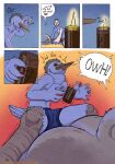 5_fingers anthro anthro_on_anthro avian bedroom bird blowing_out_candles blush bodily_fluids bovid bovine boxers_(clothing) burn burn_mark burnt butt candle candlelight cattle cattle_egret clothed clothed/nude clothed_anthro clothed_male clothing clover_(kantachibli) comic dialogue duo english_text feathers female fingers fur heron hi_res holding_candle holding_object humanoid_hands interspecies kantachibli light lying male male/female mammal massage navel nervous night nude nude_anthro nude_female on_front page_number pain pelecaniform phillip_(kantachibli) speech_bubble sweat tail tan_body tan_fur text topless topless_anthro topless_male underwear url wax wax_play white_body white_feathers