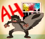 2024 absurd_res anthro black_nose crownedvictory digital_drawing_(artwork) digital_media_(artwork) ears_back eyebrow_through_hair eyebrows featureless_crotch fireworks fluffy fluffy_tail fur green_eyes grey_body grey_fur grey_hair hair hi_res male mammal mephitid night nude open_mouth pawpads pink_pawpads pink_tongue pivoted_ears plantigrade red_text scared short_hair skunk solo startled striped_skunk tail teeth text tongue translucent translucent_hair whisker_spots window wix_(skunkwix) yelling
