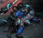 2021 2_horns 5_fingers abdominal_bulge animal_genitalia animal_penis anthro balls big_balls black_body black_fur black_hair black_penis blue_body blue_claws blue_fur bodily_fluids canid canine canine_genitalia canine_penis canis claws clenched_teeth collar cum cum_inside cumshot danny_(shoteru) duo ejaculation excessive_cum excessive_genital_fluids eyes_closed fingers fur fur_markings genital_fluids genitals glowing glowing_horn grey_body grey_fur grey_hair hair horn internal jailbird knot male male/male mammal markings multicolored_body multicolored_fur multicolored_hair oral oral_penetration pawpads paws penetration penis pink_penis sex slate_(thecomposingwolf) teeth tentacle_in_mouth tentacle_penetration tentacle_sex tentacles wolf