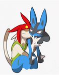  ambiguous_gender betelgeusian blue_fur blush canine eyes_closed feline fur lucario male mammal meow_(space_dandy) moffuriini_(artist) nintendo open_mouth plain_background pok&eacute;mon red_eyes smile space_dandy sweat tan_fur teeth tongue video_games 