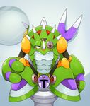 ambiguous_gender blush capcom chameleon creative_censorship crouching front_view green_body horn machine mechanical mega_man_(series) megaman_x mirror plain_background red_eyes robot sting_chameleon toilet video_games vile water white_background zilch 