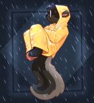 2024 absurd_res anthro black_nose clothed clothing coat crownedvictory digital_drawing_(artwork) digital_media_(artwork) eyewear feet full-length_portrait fur glasses grey_body grey_fur grey_hair hair hair_over_eyes hi_res hindpaw male mammal mephitid pawpads paws pink_inner_ear pink_pawpads portrait raincoat raining round_glasses shaded short_hair side_view skunk solo striped_skunk tail topwear wearing_glasses wix_(skunkwix) yellow_raincoat