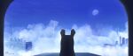 2024 absurd_res ambiguous_feral ambiguous_gender artist_logo artist_name black_body building cloud day detailed_background feral hi_res lilint logo moon rain_world rear_view semi-anthro sky slugcat solo star text tower videocult wallpaper watcher_(rain_world)