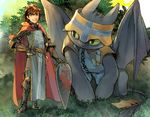  2014 armor brown_hair capcom clothing cosplay crossover dragon dragons_dogma duo feral green_eyes hair hat hiccup_(httyd) how_to_train_your_dragon hpa human male mammal night_fury scalie shield toothless video_games wings 