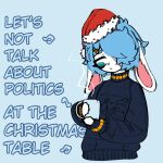 2022 anthro avv_(probablyavv) beverage blue_eyes blue_hair christmas christmas_clothing christmas_headwear christmas_sweater christmas_topwear clothed clothing english_text femboy floppy_ears frown fur hair hair_over_eye headgear headwear holidays humanoid lagomorph leporid lop_ears male mammal probablyavv rabbit solo sweater text tired_eyes topwear turtleneck white_body white_fur