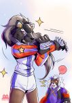 absurd_res animal_humanoid anthro bandai_namco bear bearcatmon blush bottomwear brass_knuckles clothing digimon digimon_(species) duo female greatgrizzlymon grin hi_res humanoid male mammal mammal_humanoid mask melee_weapon pastelmon_art paws procyonid procyonid_humanoid raccoon_humanoid raccoon_tail red_eyes shorts smile stretching topwear vest weapon yellow_eyes
