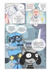 absurd_res after_transformation anthro border canid clothing coat comic dialogue english_text generation_4_pokemon group heart_symbol heterochromia hi_res human inside lab_coat laboratory lisher001 male mammal nintendo pokemon pokemon_(species) red_eyes research riolu scientific_experiment snout splitting star_eyes tail text topwear transformation white_border yellow_eyes