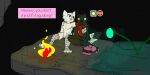 2:1 anthro bandage bandaged_chest bandaged_leg biped black_body black_fur blood bodily_fluids boy_kisser_(meme) campfire canid canine casualties:_unknown cheek_tuft claws clothing duo expie_(gunsawian) facial_tuft feet felid feline footwear fur gunsawian happy hi_res legwear looking_at_another male male/male mammal meme orange_eyes scarf shovel simple_background sitting socks speech_bubble thigh_highs thigh_socks toiletdestroyer tools tuft white_body white_fur