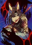 animal_ears arm_tattoo arrow_(weapon) artist_logo black_eyebrows blue_background bracelet brown_hair brown_lips canid choker claws clothing ear_piercing ear_ring eyebrows gold_(metal) green_eyes hair half-length_portrait hi_res humanoid jewelry lips logo long_hair looking_at_viewer male mammal necklace pale_skin piercing pointy_ears portrait prick_ears pupils ranged_weapon red_eyes ring ring_(jewelry) ring_piercing sharp_teeth signoreratto silhouette simple_background slit_pupils snout solo tattoo teeth topwear wavy_hair weapon