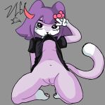 5_fingers anthro bangs biting_clothing black_clothing black_dress bow_tie breasts clothed clothing clothing_lift dress dress_lift felid female fingers front_view genitals gesture grey_background hair hand_gesture hi_res kneeling looking_at_viewer mammal markings masyunya_(vkontakte) navel nipples partially_clothed pawpads paws pink_pawpads purple_body purple_hair sidelocks simple_background small_breasts solo tail v_sign vkontakte vulva white_markings