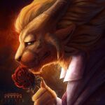 1:1 2023 anthro artist_name blue_eyes charr clothed clothing collared_shirt colored digital_media_(artwork) digital_painting_(artwork) eyewear felid flower fur gold_mane guild_wars gums hi_res holding_flower holding_object holding_rose holidays horn ki-re light lighting logo looking_at_viewer male mammal mane monocle open_mouth painting_(artwork) plant red_background rose_(flower) shaded shirt simple_background snargle_goldclaw solo teeth text topwear valentine's_day watermark whisker_spots whiskers yellow_body yellow_fur