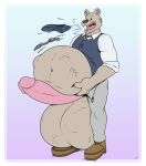 abdominal_bulge anthro balls bear beastars belly big_balls big_belly big_penis border burping burping_up_clothing cock_vore erection genitals hi_res huge_balls huge_penis huttsergreywolf male male_pred mammal open_mouth oral_vore penile penis prey_outline riz_(beastars) same_size_vore vore white_border