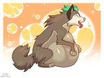 4:3 abdominal_bulge belly big_belly bubble canid canine canis fatal_vore feral feral_pred fur hand_on_belly huge_belly iceri looking_pleasured male mammal overweight paw_on_belly prey_outline simple_background solo squirming struggling struggling_prey vore wolf