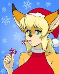 4:5 anthro blonde_hair candy candy_cane candy_cane_in_mouth canid canine chisheq christmas christmas_clothing christmas_headwear clothing costume dessert ears_up eyebrows eyelashes female fennec_fox food fox fur green_eyes hair hat headgear headwear hi_res holidays looking_at_viewer mammal nadia_(chisheq) orange_body orange_fur santa_costume santa_hat snow solo true_fox wearing_hat