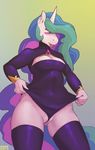  2014 anthro anthrofied clothing ear_piercing equine female friendship_is_magic hair horn legwear long_hair mammal multicolored_hair my_little_pony oops_(artist) piercing princess_celestia_(mlp) pussy_floss solo thigh_highs tongue tongue_piercing unicorn 