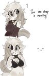 2026 :3 blush bra bra_strap bra_strap_showing_(meme) breasts canid canine canis chest_tuft cleavage clothed clothing clothing_lift collar domestic_dog english_text hi_res mammal meme question_mark shirt shirt_lift smile tail tail_motion tailwag text topwear tuft ume_(uovo) underwear uovo