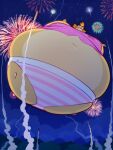 2022 3:4 4th_of_july absurd_res accessory air_inflation aloha_shirt animal_crossing anthro bell bell_accessory belly belly_expansion big_belly big_breasts black_eyes blonde_hair blue_sky body_inflation bottomwear breast_expansion breasts brown_clothing brown_eyebrows brown_footwear brown_shoes canid canine canis clothing cloud colored digital_media_(artwork) domestic_dog expansion eyebrows eyelashes female fireworks floating footwear hair hair_accessory hairband hi_res holidays huge_belly huge_breasts hyper hyper_belly hyper_breasts hyper_inflation immobile inflation isabelle_(animal_crossing) mammal multicolored_body navel nervous night nintendo panties pattern_bottomwear pattern_clothing pattern_panties pattern_shirt pattern_topwear pattern_underwear pink_clothing pink_panties pink_shirt pink_topwear pink_underwear red_hairband ridiculouscake round_body shaded shih_tzu shirt shoes skirt sky solo spherical_inflation sunken_limbs tan_body teeth tight_clothing topwear toy_dog two_tone_body underwear white_bottomwear white_clothing white_panties white_skirt white_underwear yellow_body yellow_ears