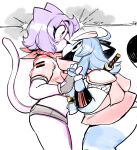ahoge anaugi anthro blue_body blue_fur blue_hair canid canine clothing domestic_cat duo felid feline felis female female/female fur gloves hair handwear hi_res jacket jacket_vest kerchief kiss_on_lips kissing leaf leaf_in_hair mammal melee_weapon midriff_jacket ninja_outfit panty_peek penny_(anaugi) pink_body pink_fur purple_hair raccoon_dog red_clothing red_jacket red_jacket_vest red_topwear red_vest sakura_(anaugi) sword sword_on_back tanuki topwear trans_(lore) trans_woman_(lore) vest weapon weapon_on_back