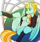  2014 anthro anthrofied avante92 big_breasts bottomless breasts clothed clothing equine female friendship_is_magic hair half-dressed jacket lightning_dust_(mlp) mammal my_little_pony nipples pegasus pussy solo spread_legs spreading two_tone_hair wings yellow_eyes 