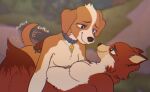 2026 anthro beagle black_nose blue_collar breasts brown_body brown_fur canid canine canis cheek_tuft collar collar_only collar_tag colored countershading digital_drawing_(artwork) digital_media_(artwork) dipstick_tail domestic_dog duo eye_contact facial_tuft featureless_breasts female female/female floppy_ears fox fur hug hunting_dog interspecies looking_at_another lying lying_on_ground maebeasheep mammal markings mating_season_(series) nude on_back on_ground onomatopoeia penelope_(mating_season) red_body red_fox red_fur scent_hound sound_effects summer_(mating_season) tail tail_markings tail_motion tailwag text true_fox tuft white_body white_countershading