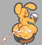 ambiguous_gender anthro bar_stool beer_foam beer_mug berryofmalice big_butt bodily_fluids butt container cum cum_from_offscreen cum_on_butt cum_sharking cumshot cup dizzy_eyes drunk_bun_(undertale) ejaculation freckled_butt freckles furniture genital_fluids grey_background holding_container holding_cup holding_mug holding_object huge_butt lagomorph leporid low_res mammal mug offscreen_character open_mouth open_smile rabbit simple_background sitting_on_stool smile solo stool tail thick_outline undertale undertale_(series)