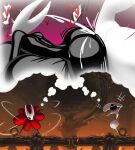 2025 anthro arthropod big_breasts big_butt black_body bodily_fluids breasts butt cloak clothing cum cum_inflation cum_inside dress duo female genital_fluids glistening glistening_body hi_res hollow_knight:_silksong hollow_knight_(franchise) hornet_(hollow_knight) huge_breasts huge_butt inflation inktober_2025 insect intersex intersex/female lace_(hollow_knight:_silksong) laugh melee_weapon mocking red_clothing red_dress reflective_body sex sillyseacreatur small_waist sword team_cherry thought_bubble weapon white_body