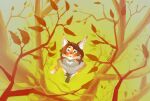 absurd_res anthro autumn brown_hair clothed clothing detailed detailed_background digital_media_(artwork) domestic_cat felid feline felis forest fur green_eyes hair hi_res high-angle_view hilyasp leaf looking_at_viewer male mammal nature nature_background orange_body orange_fur outside plant smile solo standing tree white_body