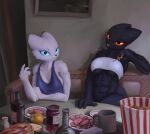 2026 4_fingers anthro apelairplane arm_on_table artist_name big_breasts biped black_body black_eyebrows black_eyes black_fur black_nose blue_claws blue_clothing blue_dress blue_sclera bottomless bra bra_only bread bread_loaf bread_slice breasts bucket_of_chicken butter canid canine casualties:_unknown chicken_wings cigarette claws clothed clothing container convenient_censorship cucumber cup curtains dairy_products date digital_drawing_(artwork) digital_media_(artwork) dress duo elbow_on_table expie_(gunsawian) eyebrows female fingers food fox fruit fur furniture glowing glowing_eyes grey_eyebrows gunsawian ham_(food) hand_on_table handpaw hi_res holding_arm holding_cigarette holding_object holding_own_arm hybrid inside jelly_(food) kfc kfc_bucket lit_cigarette looking_at_viewer mammal messy_table milky_(gunsawian) mostly_nude murid murine muscular muscular_anthro muscular_female olive_oil orange_(fruit) orange_claws orange_pawpads orange_sclera painting_(object) pawpads paws plant plate rat rodent salt salt_shaker shaded signature sitting smile snout sofa strawberry_jam table text underwear underwear_only watermark white_body white_bra white_clothing white_fur white_underwear