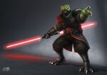 2025 3_fingers alien anthro armor black_bottomwear black_clothing black_pants black_topwear bottomwear clothed clothing dated fingers front_view glistening glistening_eyes green_body green_scales holding_lightsaber hufnaar lightsaber looking_at_viewer male male_anthro melee_weapon orange_eyes pants prosthetic prosthetic_arm prosthetic_limb red_lightsaber saberstaff scales scalie simple_background sith solo standing star_wars topwear trandoshan weapon
