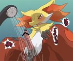  2014 anthro balls bathing bathroom blush canine delphox enon erection fox fur inner_ear_fluff japanese_text male mammal nintendo nude open_mouth penis plain_background pok&eacute;mon red_eyes red_nose shower sitting solo spread_legs spreading text tongue translation_request video_games water yellow_fur 
