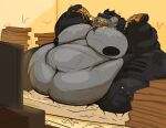afatgator alligator alligatorid anthro belly big_belly big_moobs black_body bodily_fluids box container crocodilian eating electronics food food_stains grey_body hi_res huge_belly huge_moobs male mattress moobs morbidly_obese morbidly_obese_male nipples obese obese_male overweight overweight_male pizza pizza_box reptile scalie sitting slob solo sweat television yellow_sclera