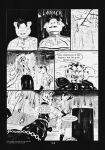 5_fingers 6_panel_comic anthro artist_name black_eyes black_hair black_text blood bodily_fluids clothed clothing comic dialogue domestic_cat duo english_text exclamation_point felid feline felis fingers hair hi_res holding_object holding_torch leprzil looking_up lying male mammal monochrome motion_lines murid murine on_back on_ground open_mouth open_smile oriental_shorthair page_number rat rodent sharp_teeth smile sound_effects speech_bubble tail talking_to_another teeth text torch wall_(structure) white_sclera white_text wounded