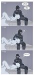 2026 absurd_res animal_humanoid annoyed armor bed blue_eyes border bulletproof_vest casualties:_unknown clothed clothed_human clothed_male clothing comic dialogue duo english_text freckles fully_clothed fully_clothed_human fully_clothed_male furniture gunsaw gunsawian happy head_on_lap headgear helmet hi_res human humanoid lying male male/male mammal mammal_humanoid mattress milky_(gunsawian) neck_tuft nude nude_anthro on_back on_lap petting scar scritches surprised tail text thought_bubble tuft warjenkins white_border