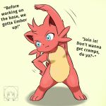1:1 anthro black_nose blue_eyes breasts cattiva cheek_tuft dedazzdizzy dialogue facial_tuft fangs featureless_breasts female hi_res pal_(species) palworld pink_body pocketpair simple_background small_breasts solo stretching tail teeth text tuft