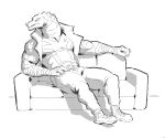 2024 aliasing anthro arm_wraps belt biceps big_muscles binary_drawing biped bottomwear claws clothed clothed_anthro clothed_male clothing crocodilian digital_drawing_(artwork) digital_media_(artwork) finger_claws footwear front_view full-length_portrait fully_clothed fully_clothed_anthro fully_clothed_male furniture greyscale kingarthur_i leaning leaning_backward looking_aside looking_down male monochrome muscular muscular_anthro muscular_male on_sofa open_clothing open_topwear open_vest pants plantigrade portrait reclining reptile scales scalie shoes sitting sitting_on_sofa sleeveless_shirt snout sofa solo teeth thick_neck topwear tyrak_(kingarthur_i) vest wraps